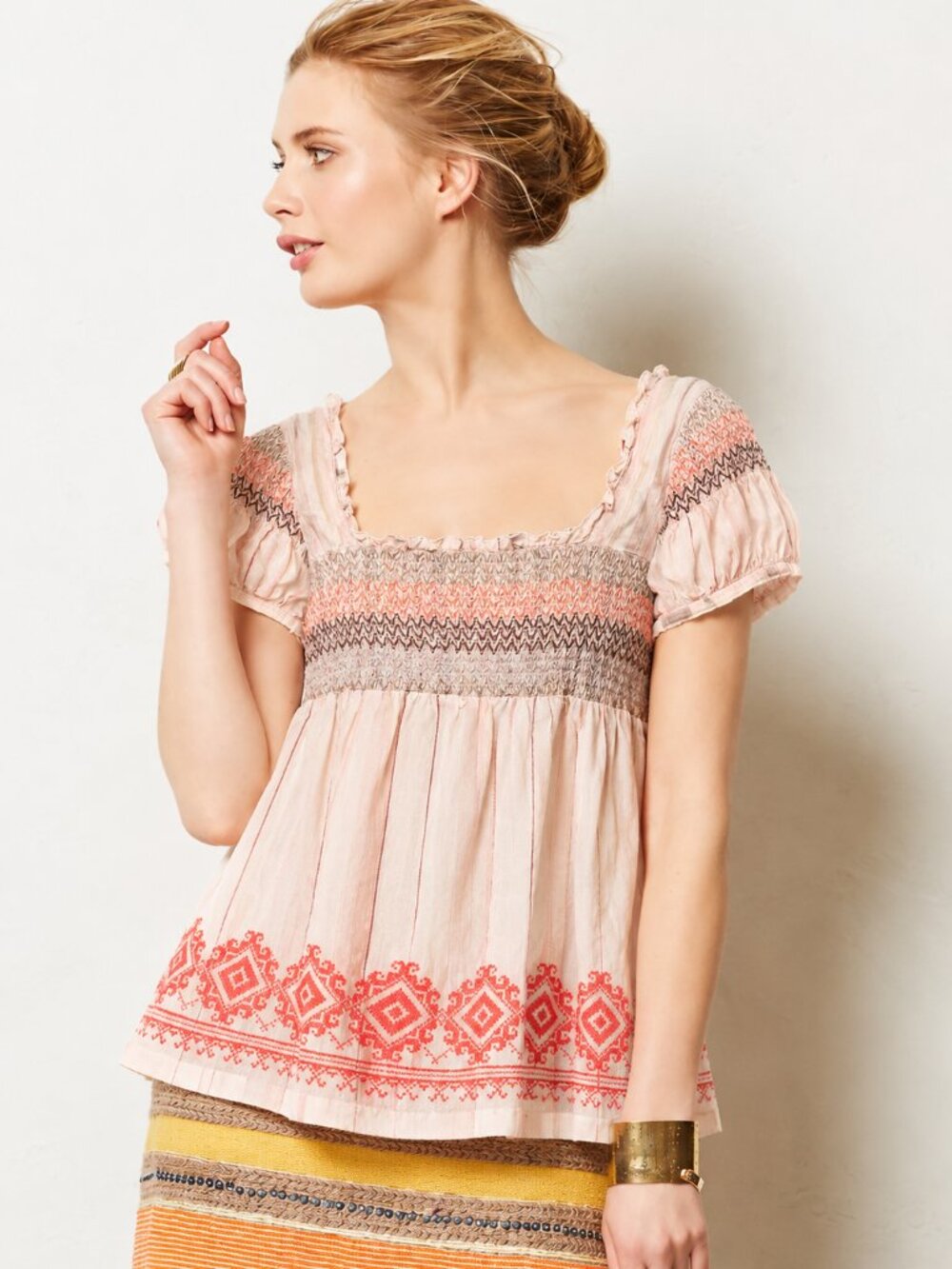 ANTHROPOLOGIE Floreat Smocked Boho Babydoll Peasant Blouse SZ 6